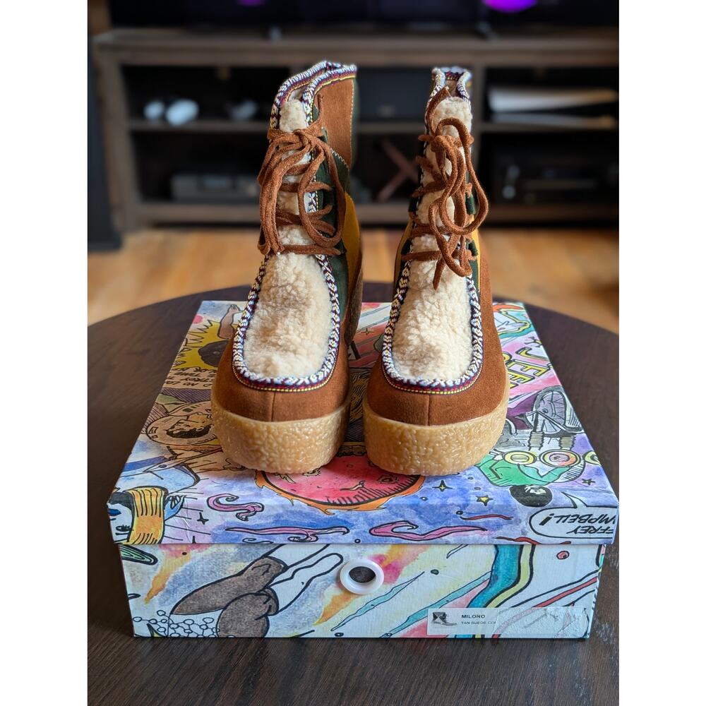 NIB Jeffrey Campbell Milono Platform Boots Suede Sherpa Wedge Tan Combo Womens 9 - Picture 2 of 5